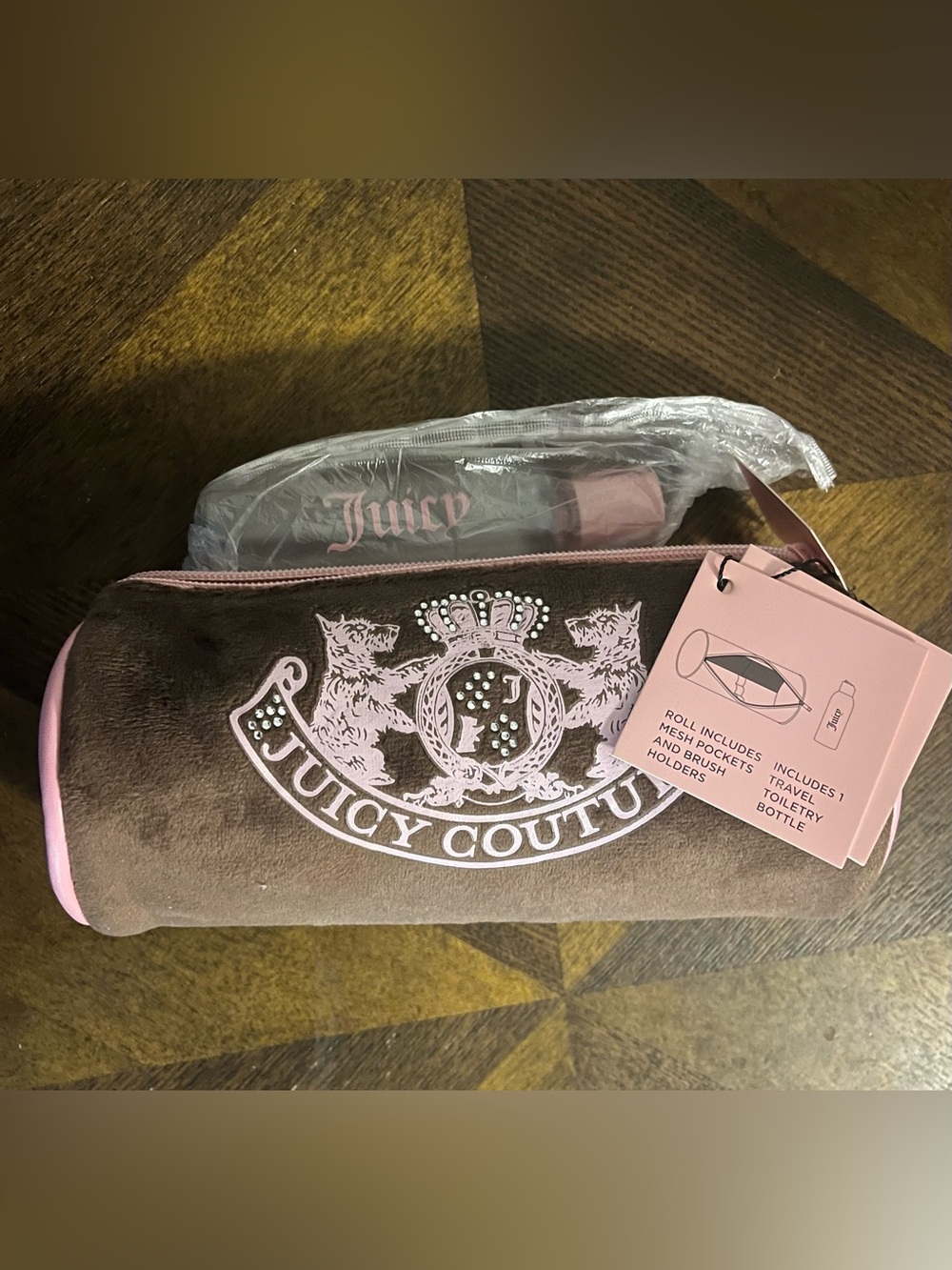 Juicy Couture Brown and Pink Velour Cosmetic Pouch - Picture 5 of 8